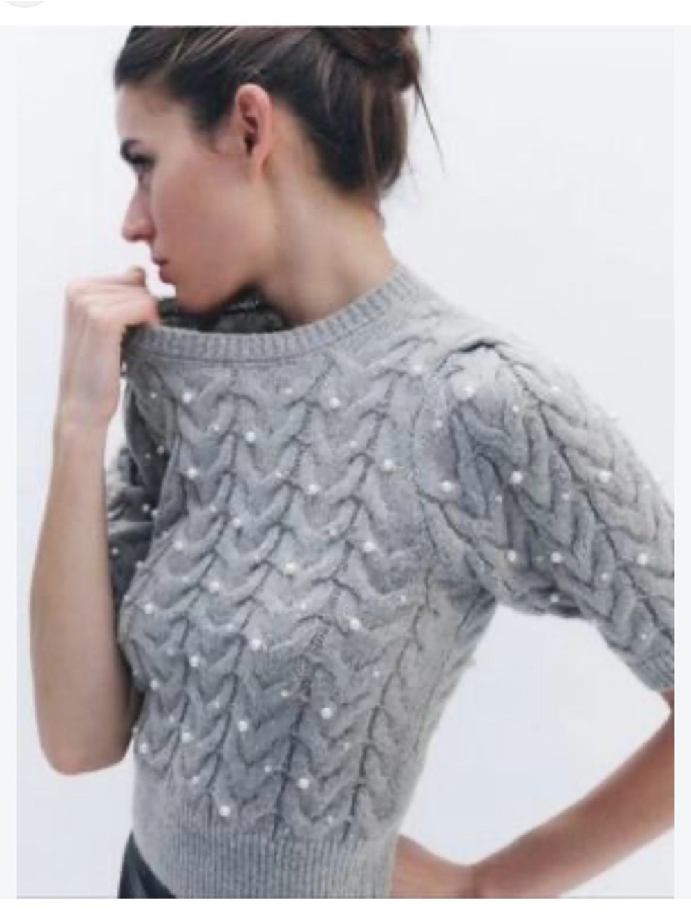 Zara Grey Pearl-Trim Cable Knit Crewneck Sweater